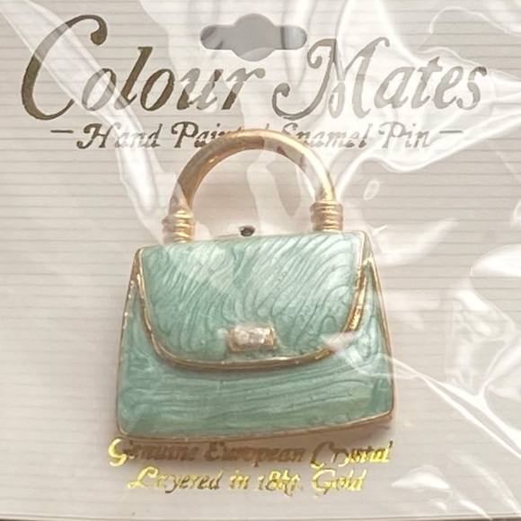 NWT HandBag Purse Pin Brooch Green Enamel, 18 Kt. Gold Painted & Crystal Accents - Picture 1 of 5
